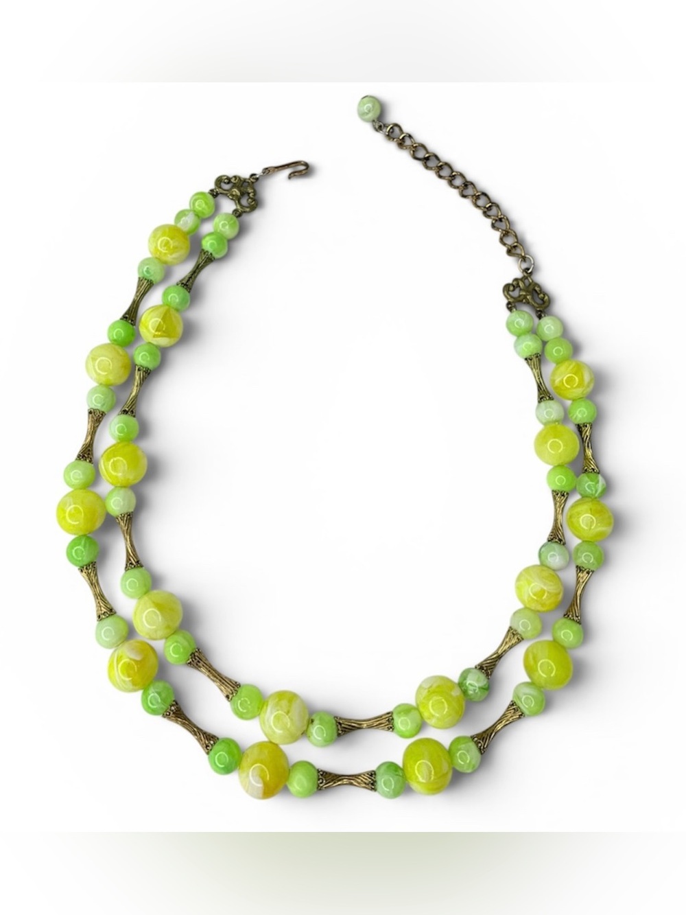 Vintage Coro 2-Strand Lucite Bead Necklace Yellow Green Marbled Gold Tone 18”